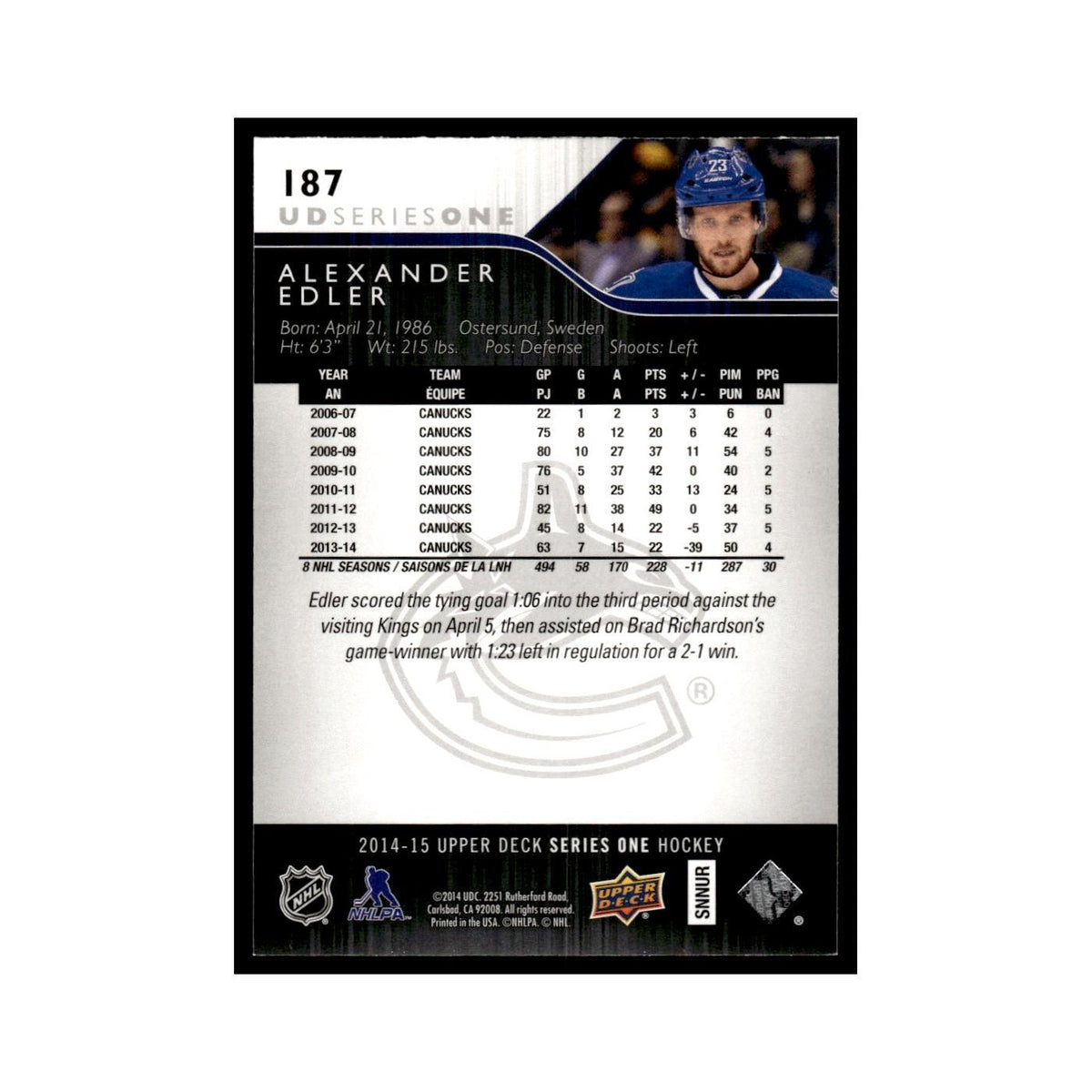 Alexander Edler 2014 Upper Deck #187 Vancouver Canucks Hockey Card NM