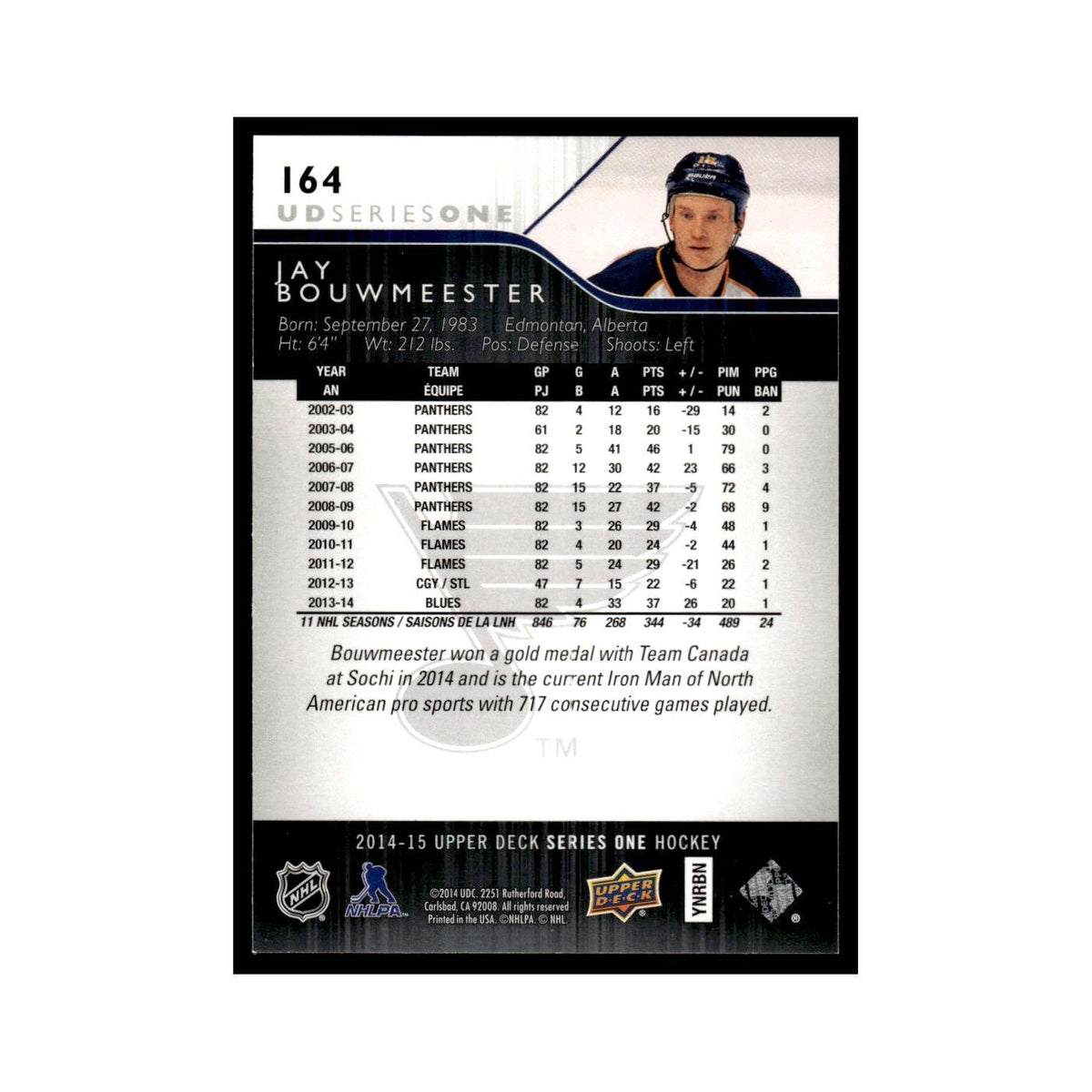 Jay Bouwmeester 2014 Upper Deck #164 St. Louis Blues Hockey Card NM