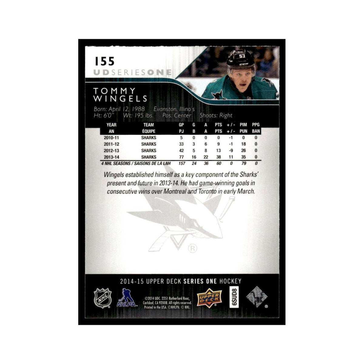 Tommy Wingels 2014 Upper Deck #155 San Jose Sharks Hockey Card NM