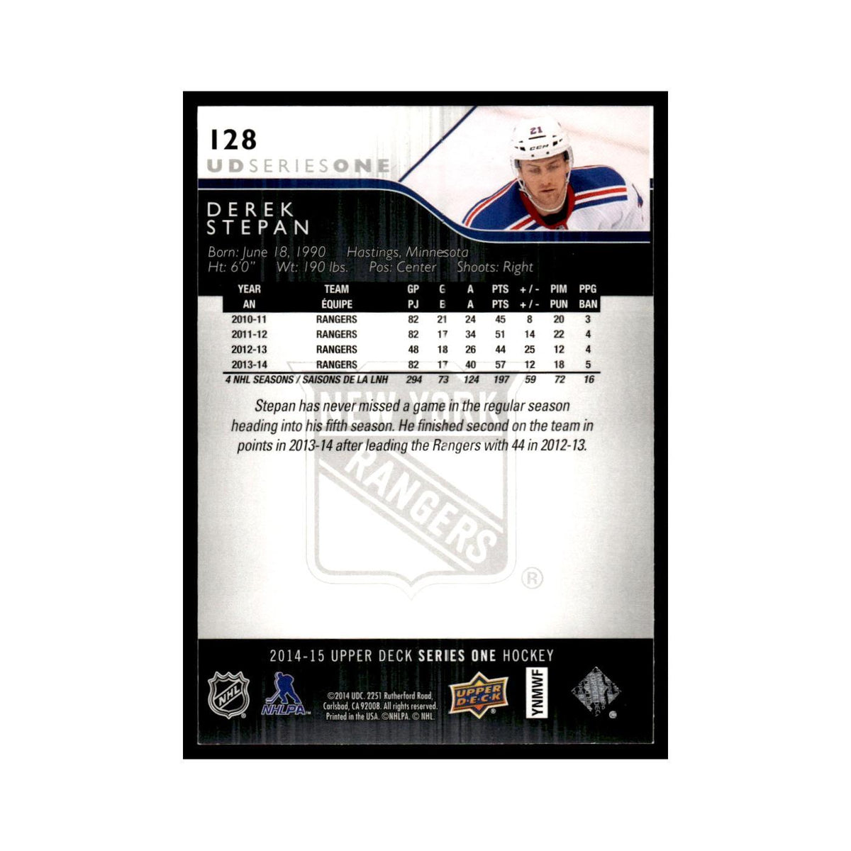 Derek Stepan 2014 Upper Deck #128 New York Rangers Hockey Card NM