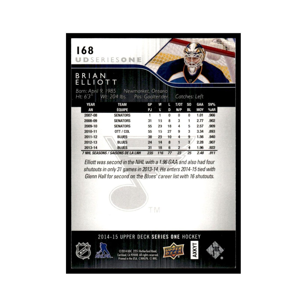 Brian Elliott 2014 Upper Deck #168 St. Louis Blues Hockey Card NM