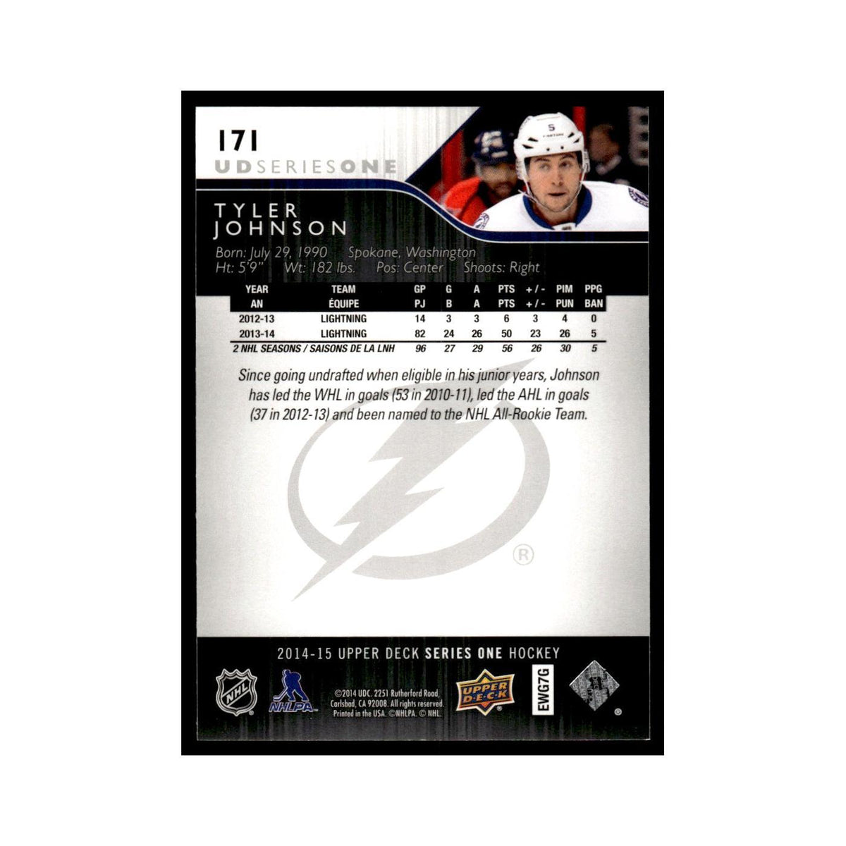 Tyler Johnson 2014 Upper Deck #171 Tampa Bay Lightning Hockey Card NM