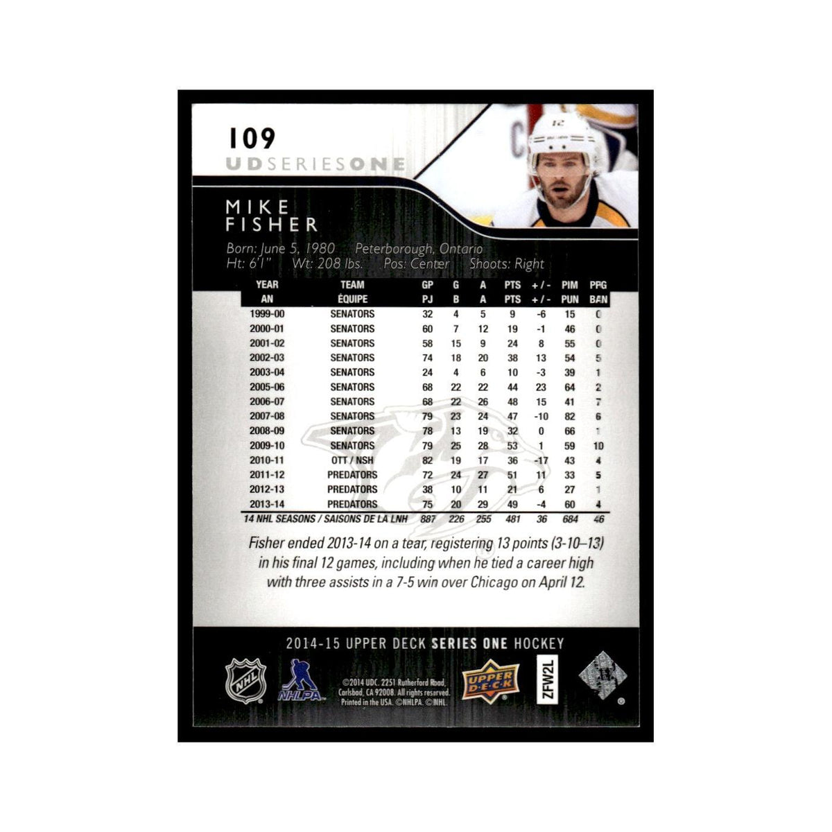 Mike Fisher 2014 Upper Deck #109 Nashville Predators Hockey Card NM