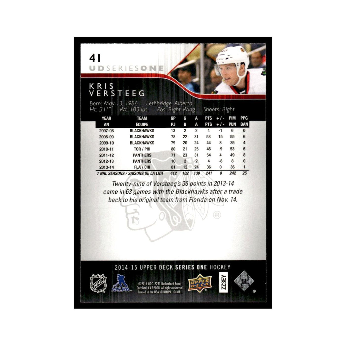 Kris Versteeg 2014 Upper Deck #41 Chicago Blackhawks Hockey Card NM