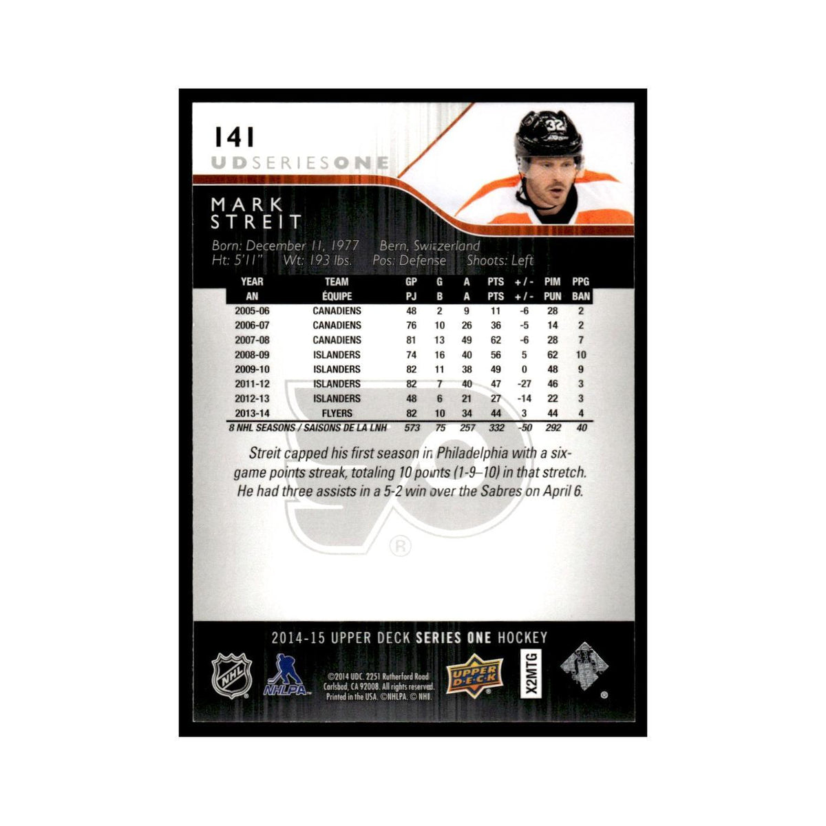 Mark Streit 2014 Upper Deck #141 Philadelphia Flyers Hockey Card NM