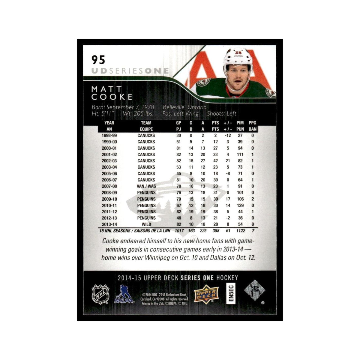Matt Cooke 2014 Upper Deck #95 Minnesota Wild Hockey Card NM