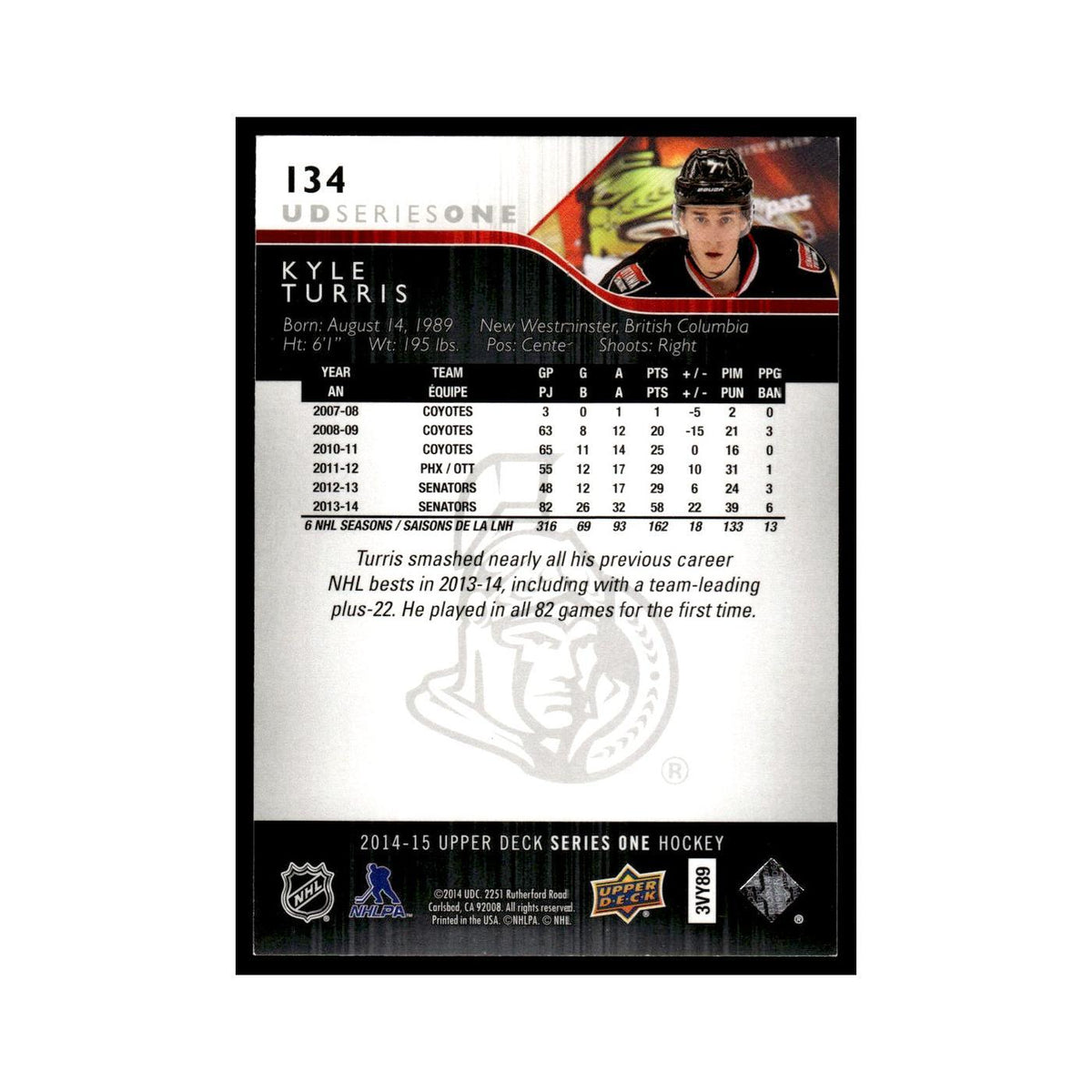 Kyle Turris 2014 Upper Deck #134 Ottawa Senators Hockey Card NM