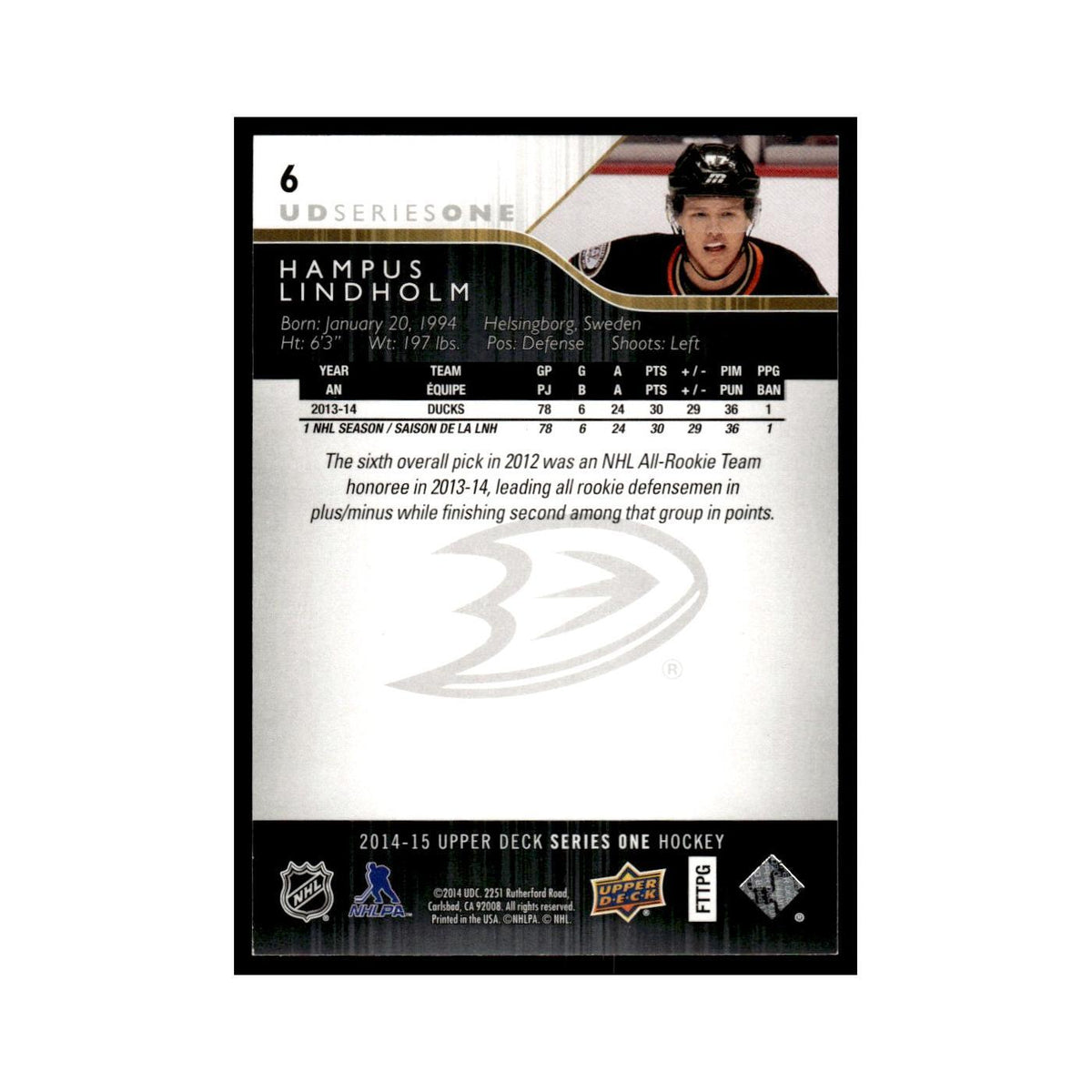 Hampus Lindholm 2014 Upper Deck #6 Anaheim Ducks Hockey Card NM