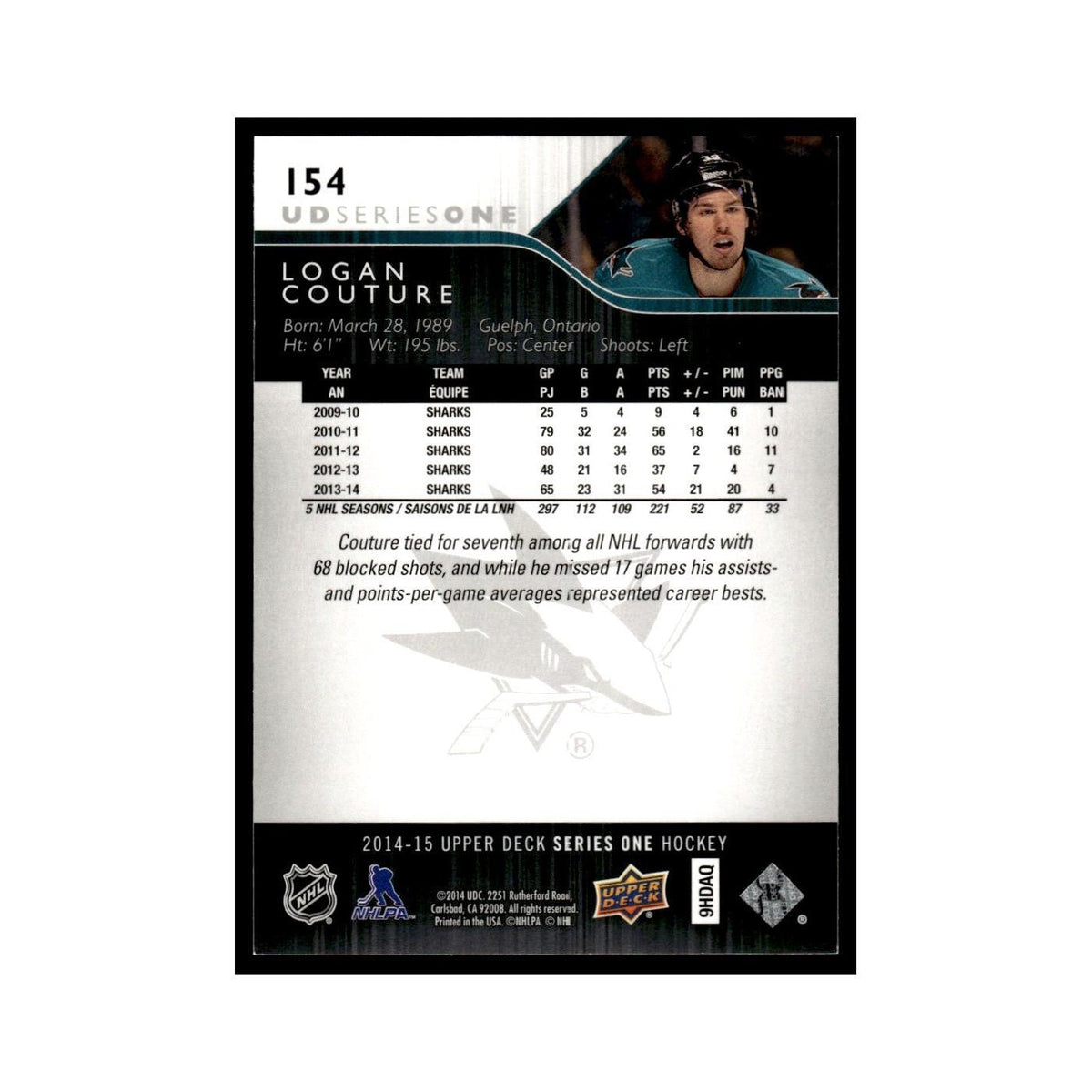 Logan Couture 2014 Upper Deck #154 San Jose Sharks Hockey Card NM
