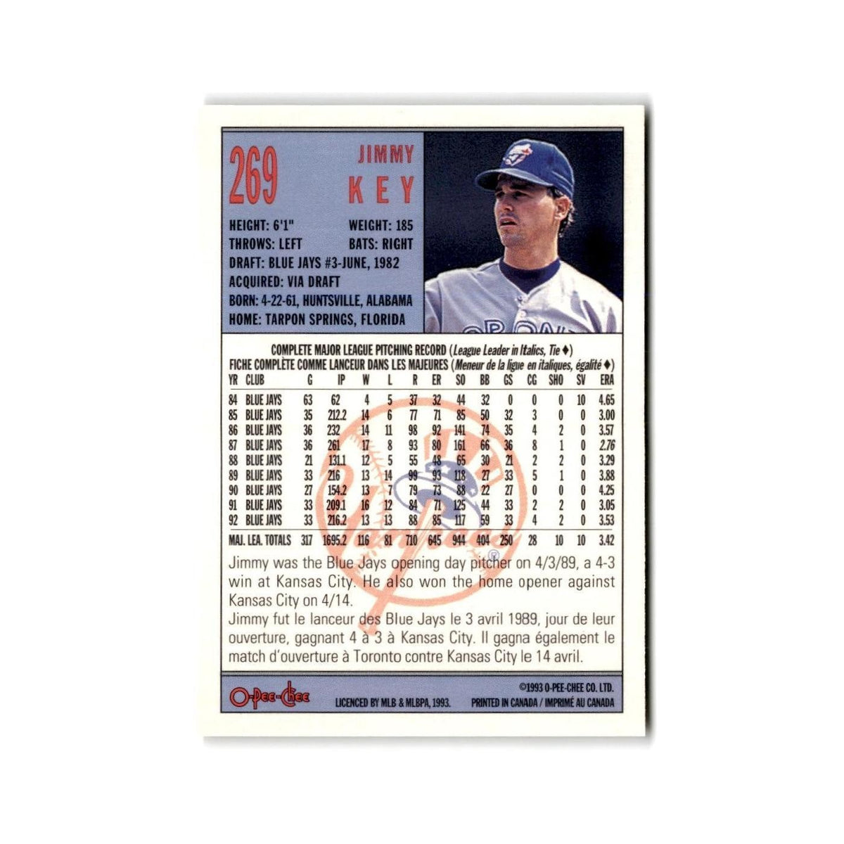 Jimmy Key 1993 O-Pee-Chee #269 New York Yankees Baseball Card NM