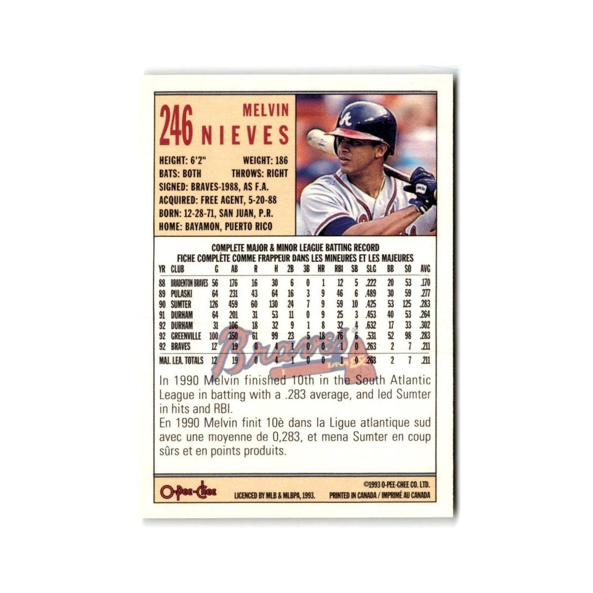 Melvin Nieves 1993 O-Pee-Chee #246 Atlanta Braves Baseball Card NM