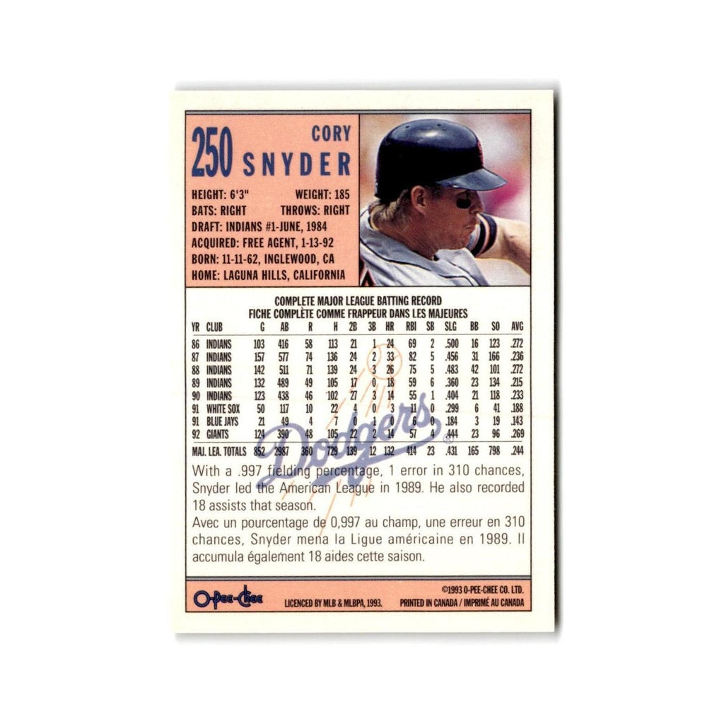Cory Snyder 1993 O-Pee-Chee #250 Los Angeles Dodgers Baseball Card NM
