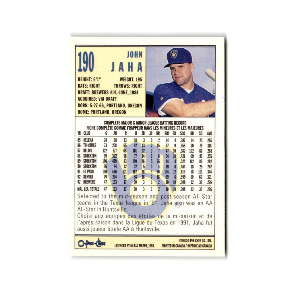 John Jaha 1993 O-Pee-Chee #190 Milwaukee Brewers Baseball Card NM