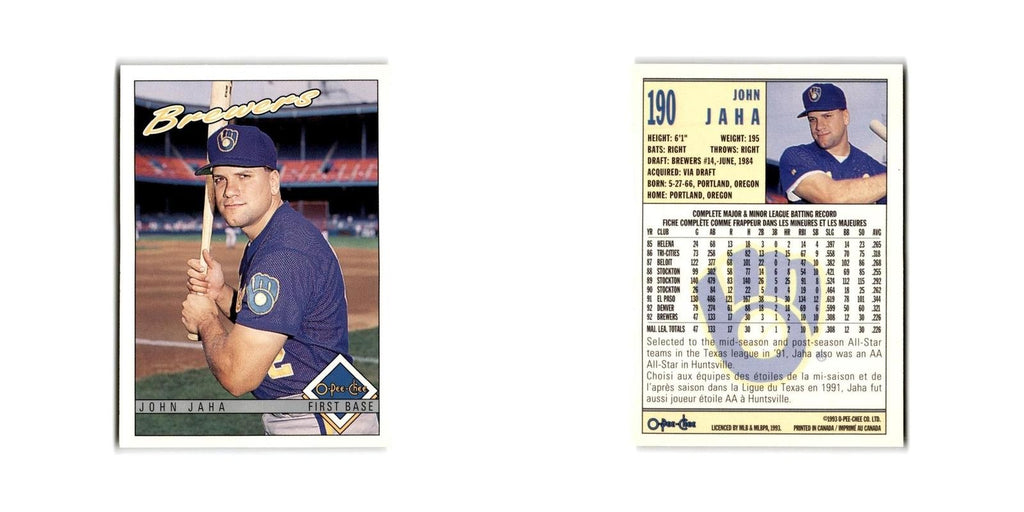 John Jaha 1993 O-Pee-Chee #190 Milwaukee Brewers Baseball Card NM