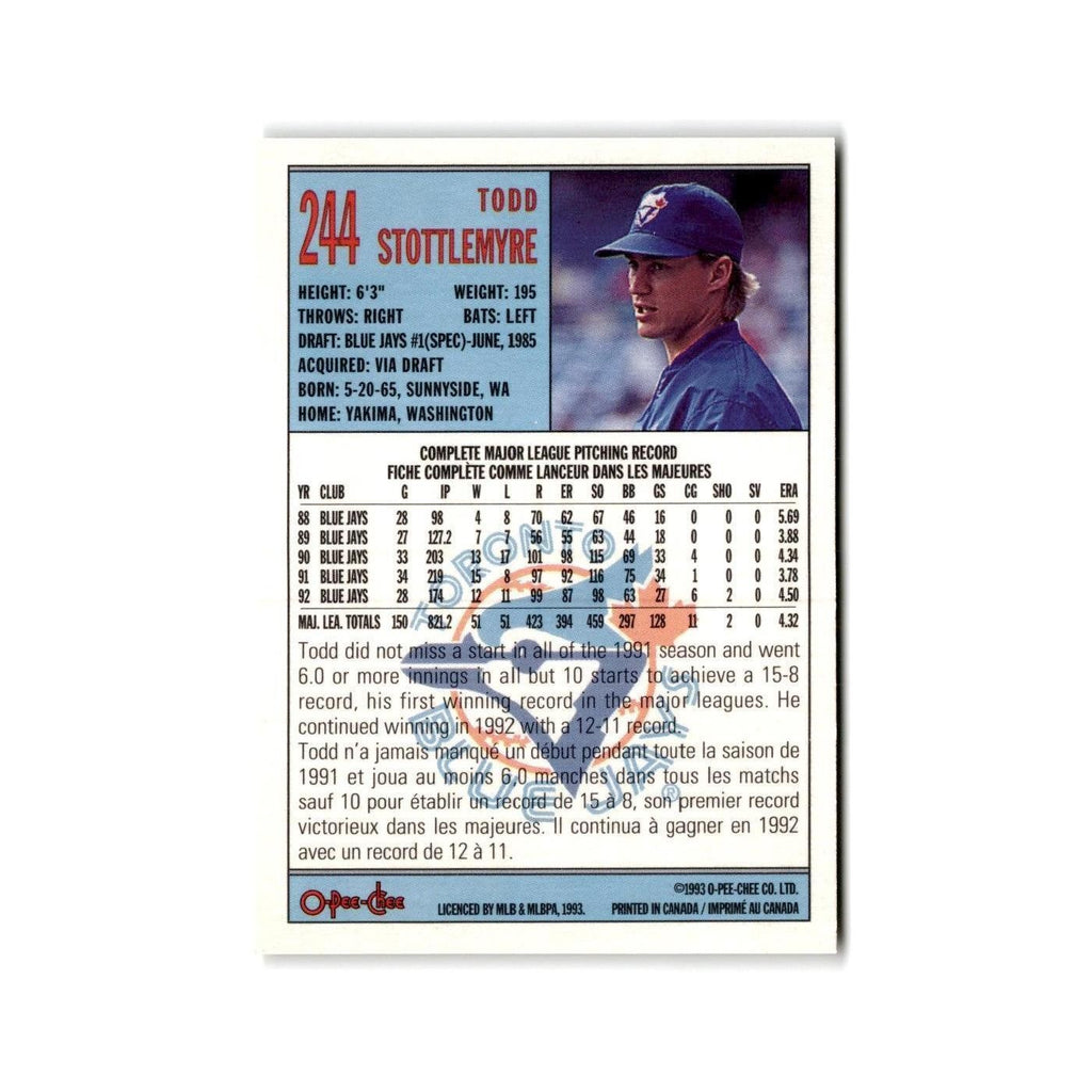 Todd Stottlemyre 1993 O-Pee-Chee #244 Toronto Blue Jays Baseball Card NM