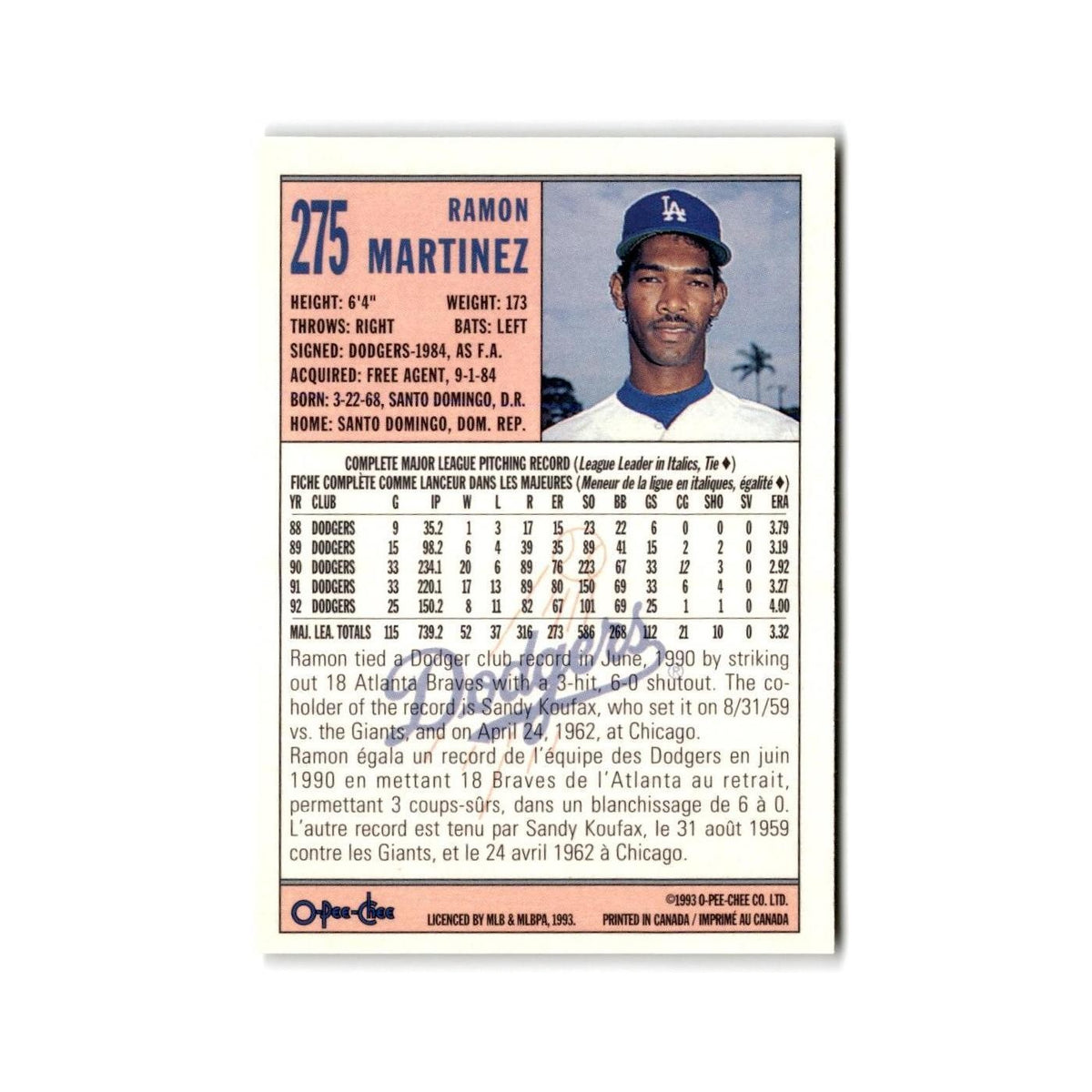 Ramon Martinez 1993 O-Pee-Chee #275 Los Angeles Dodgers Baseball Card NM