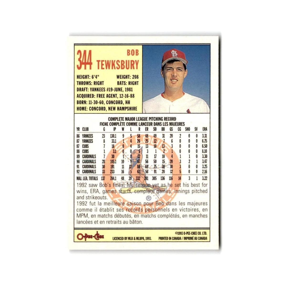 Bob Tewksbury 1993 O-Pee-Chee #344 St. Louis Cardinals Baseball Card NM
