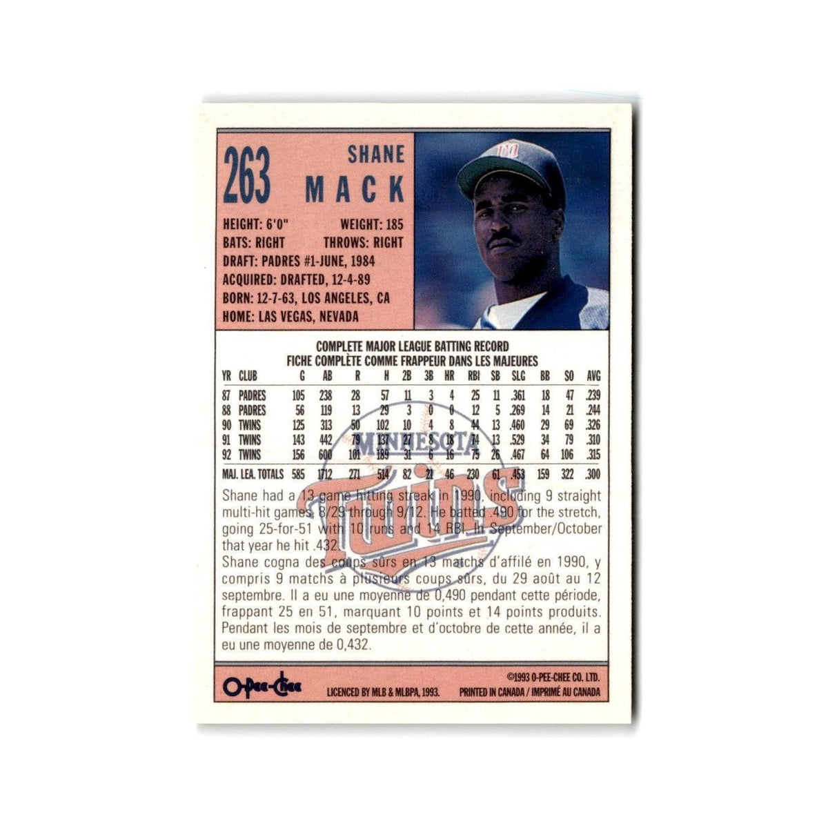 Shane Mack 1993 O-Pee-Chee #263 Minnesota Twins Baseball Card NM