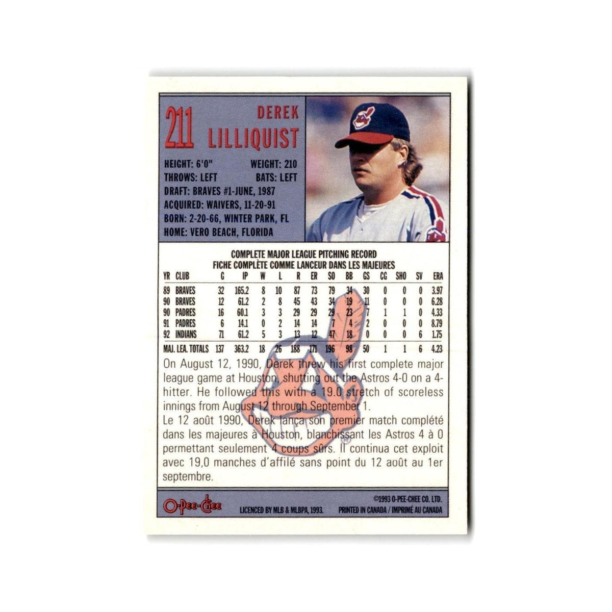 Derek Lilliquist 1993 O-Pee-Chee #211 Cleveland Indians Baseball Card NM