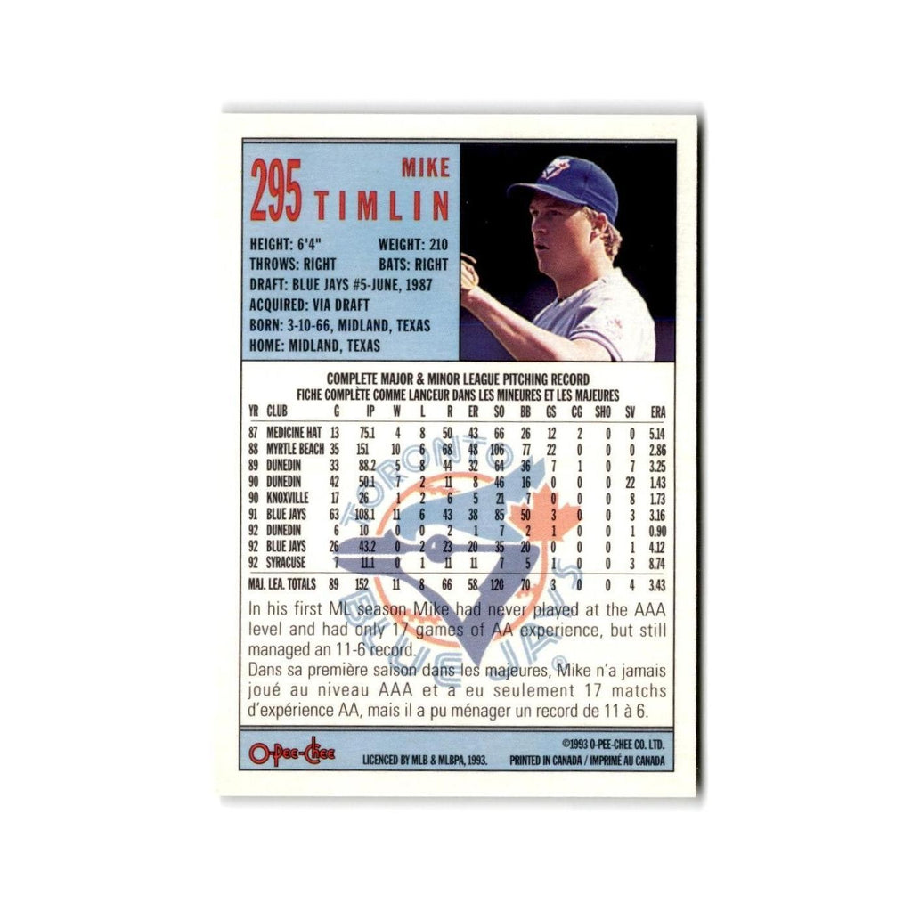 Mike Timlin 1993 O-Pee-Chee #295 Toronto Blue Jays Baseball Card NM