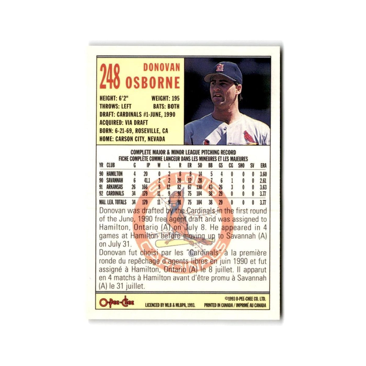 Donovan Osborne 1993 O-Pee-Chee #248 St. Louis Cardinals Baseball Card NM