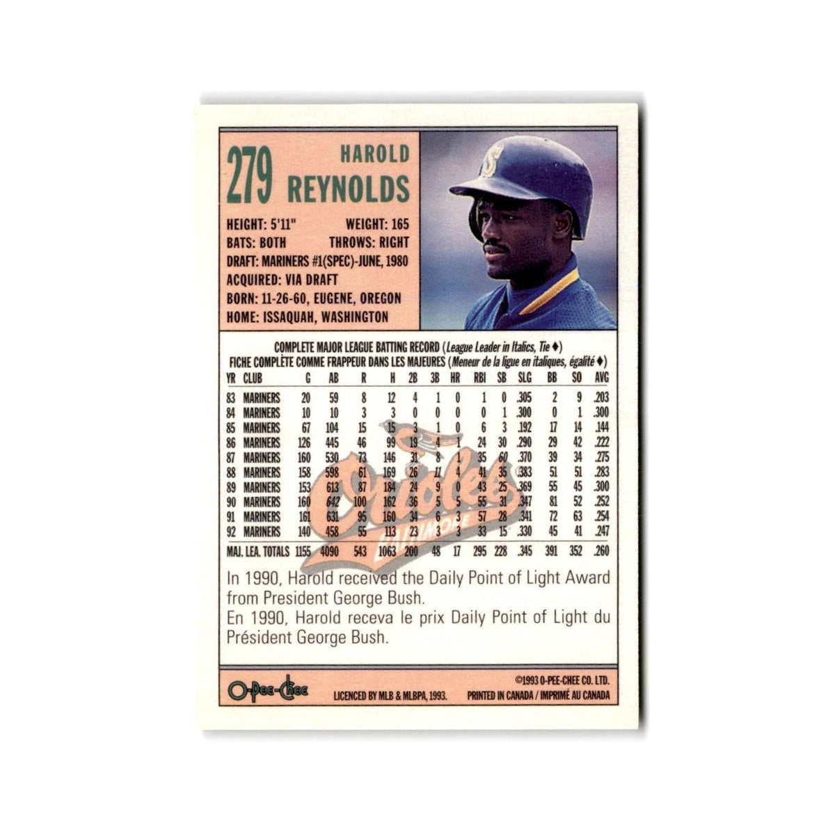 Harold Reynolds 1993 O-Pee-Chee #279 Baltimore Orioles Baseball Card NM