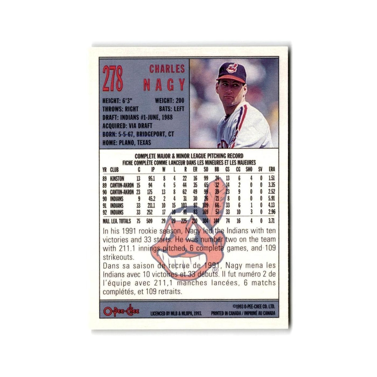 Charles Nagy 1993 O-Pee-Chee #278 Cleveland Indians Baseball Card NM