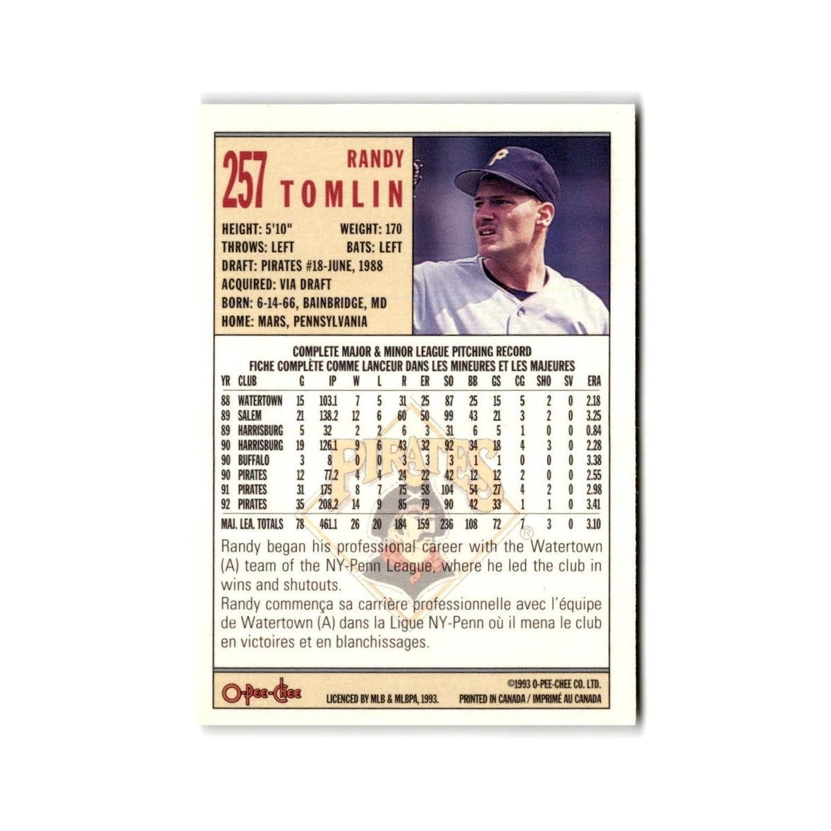 Randy Tomlin 1993 O-Pee-Chee #257 Pittsburgh Pirates Baseball Card NM