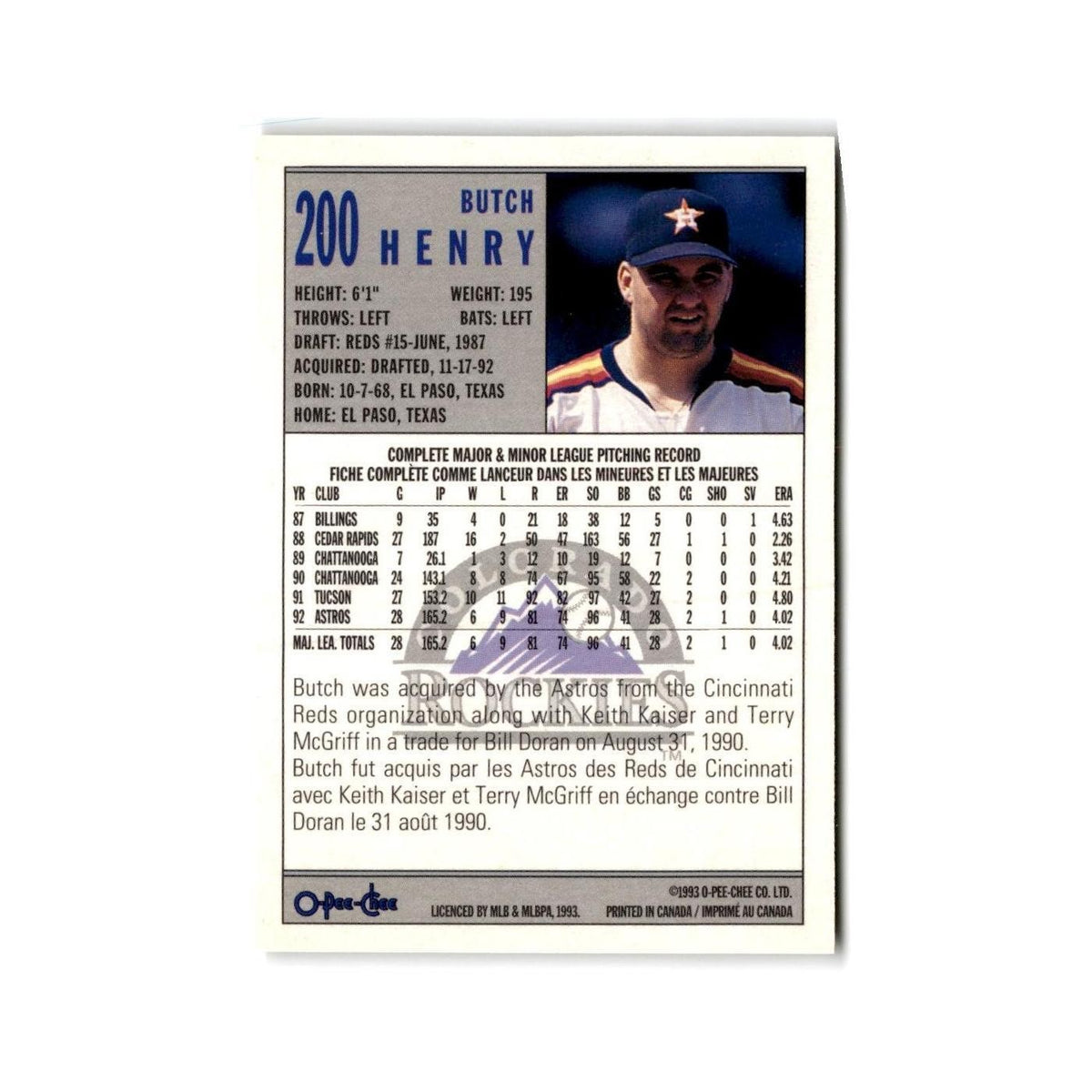 Butch Henry 1993 O-Pee-Chee #200 Colorado Rockies Baseball Card NM
