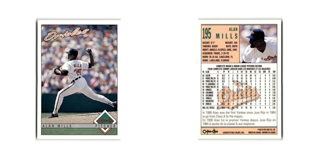 Alan Mills 1993 O-Pee-Chee #195 Baltimore Orioles Baseball Card NM