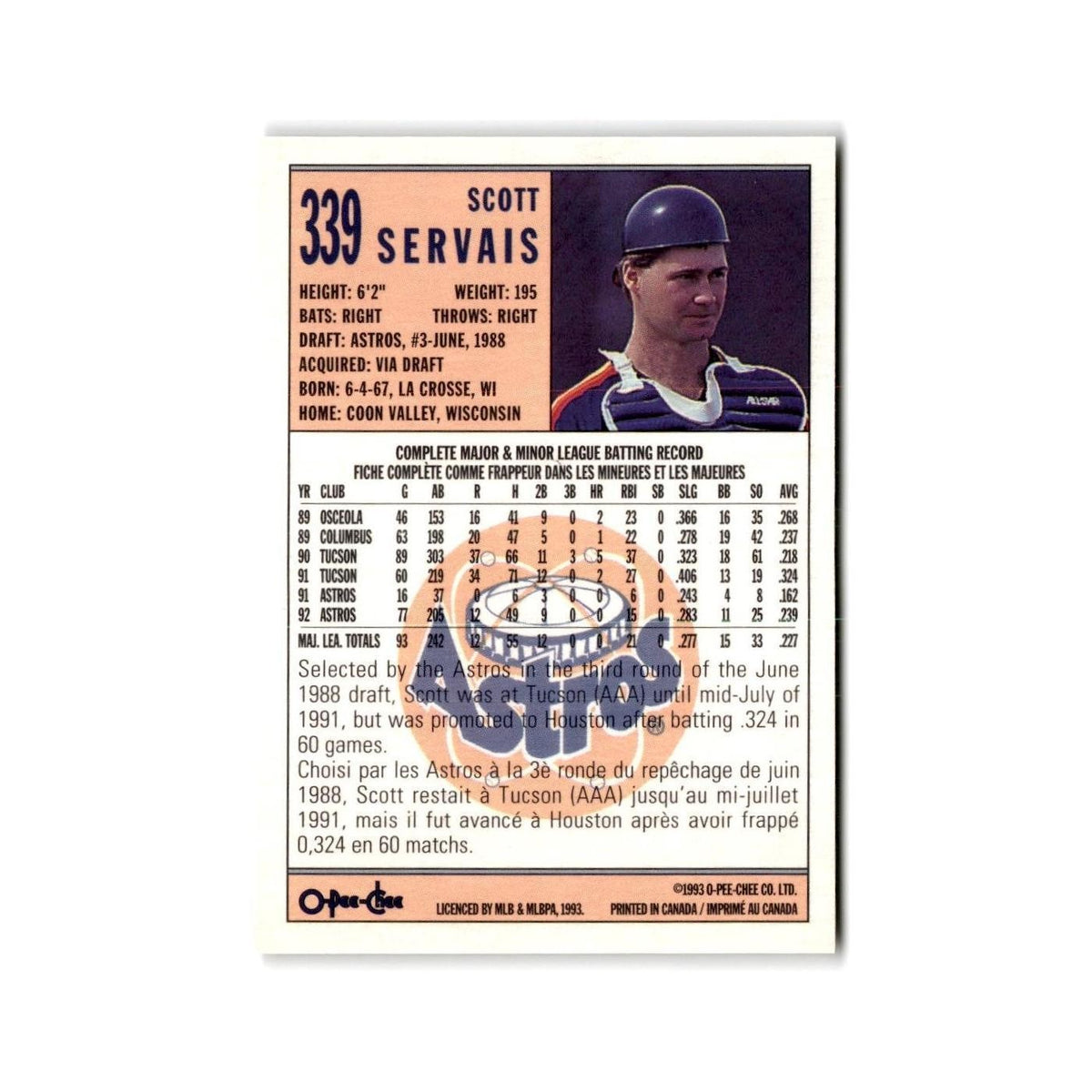 Scott Servais 1993 O-Pee-Chee #339 Houston Astros Baseball Card NM