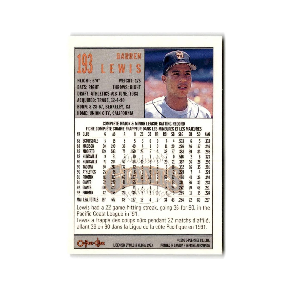 Darren Lewis 1993 O-Pee-Chee #193 San Francisco Giants Baseball Card NM