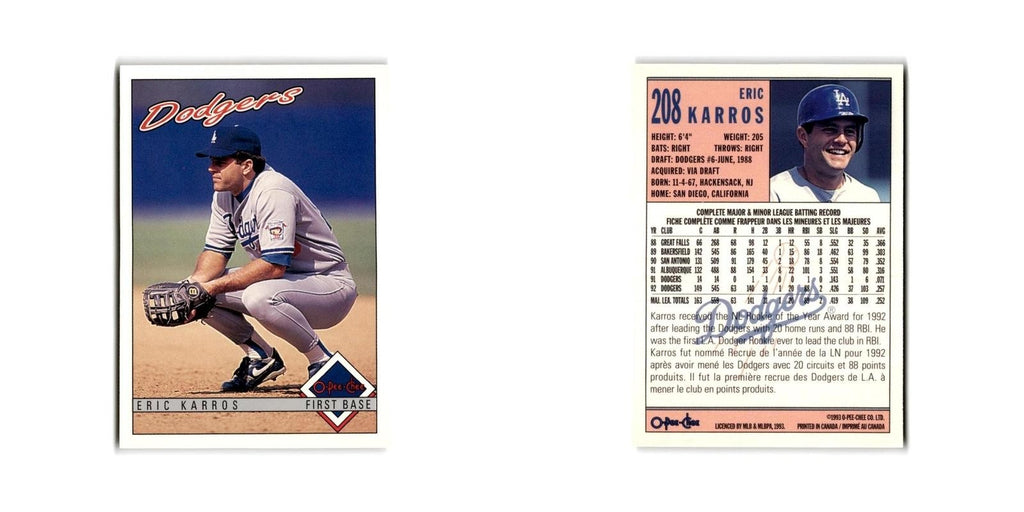 Eric Karros 1993 O-Pee-Chee #208 Los Angeles Dodgers Baseball Card NM