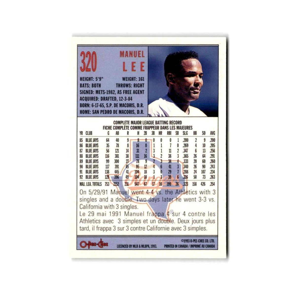 Manuel Lee 1993 O-Pee-Chee #320 Texas Rangers Baseball Card NM