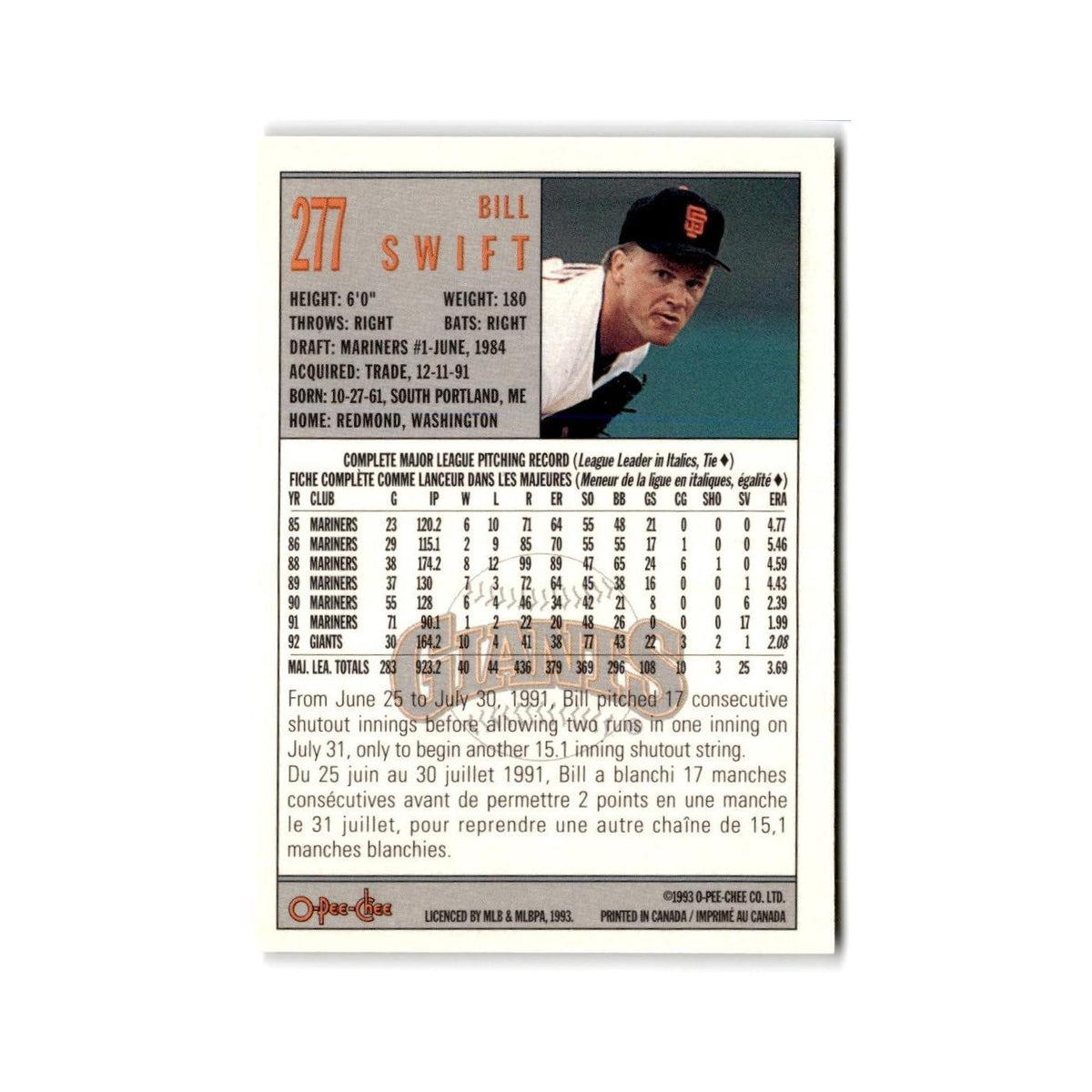 Bill Swift 1993 O-Pee-Chee #277 San Francisco Giants Baseball Card NM