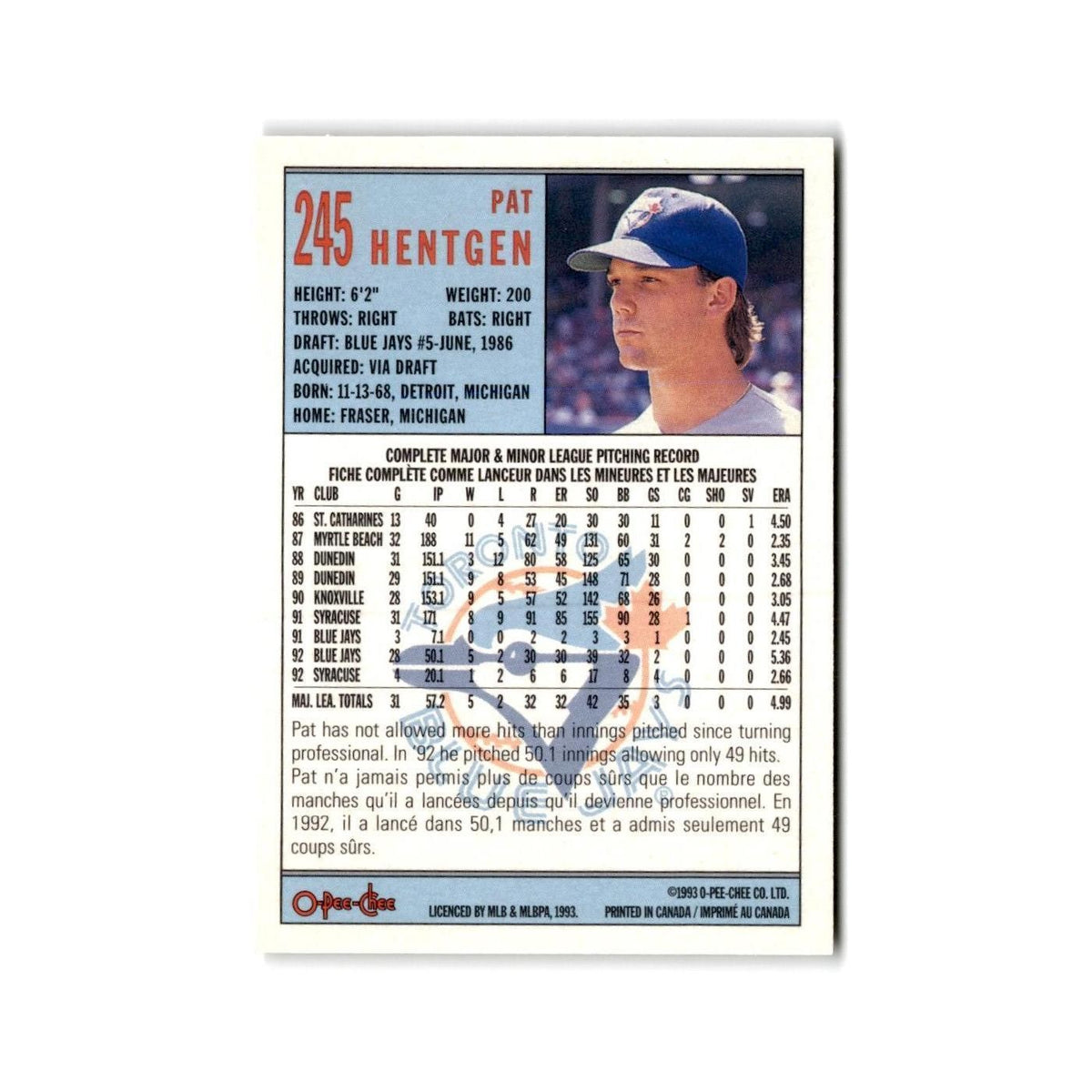 Pat Hentgen 1993 O-Pee-Chee #245 Toronto Blue Jays Baseball Card NM