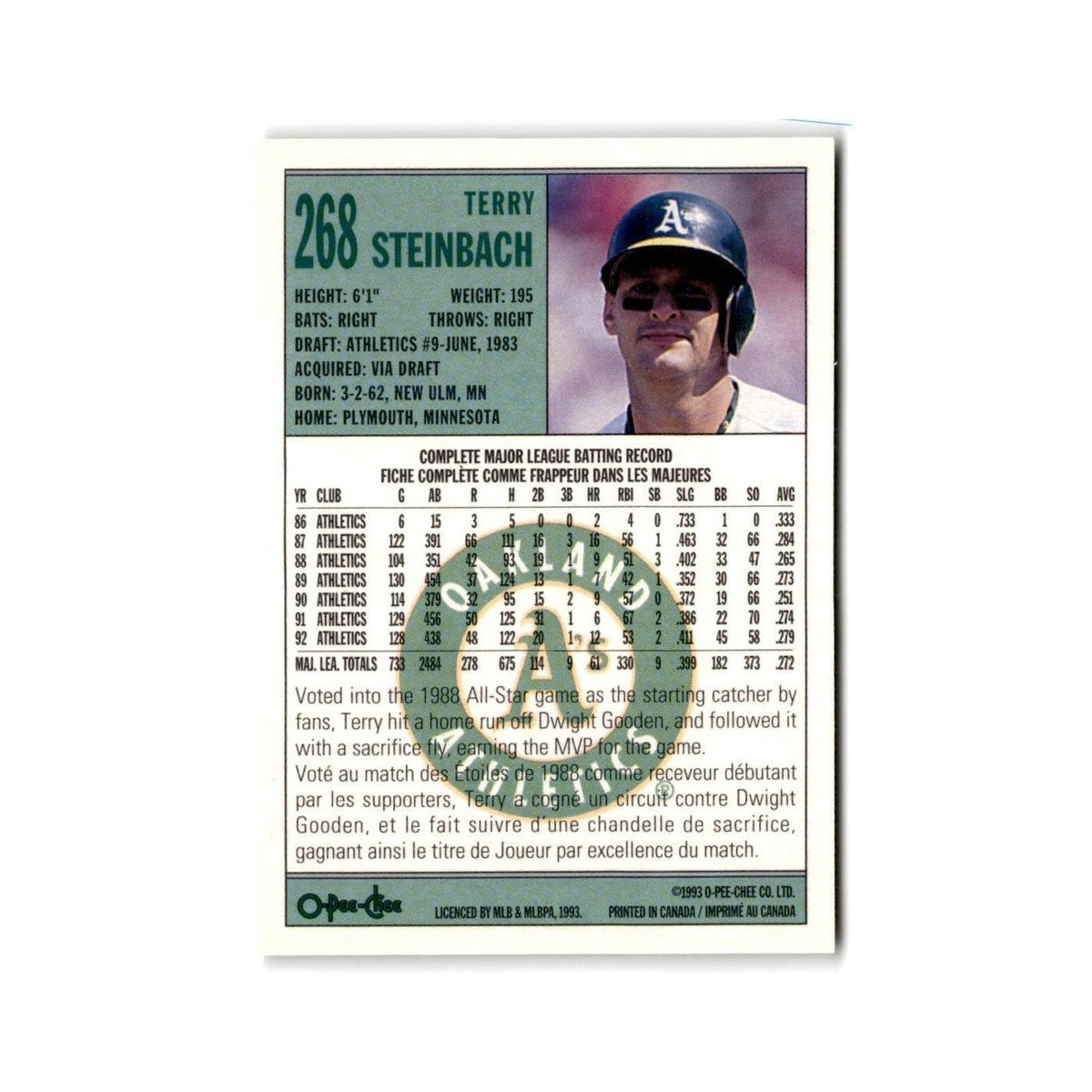 Terry Steinbach 1993 O-Pee-Chee #268 Oakland Athletics Baseball Card NM