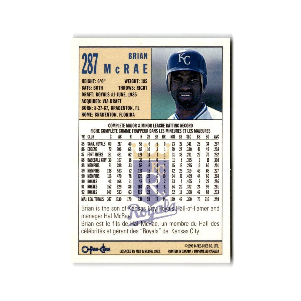 Brian McRae 1993 O-Pee-Chee #287 Kansas City Royals Baseball Card NM