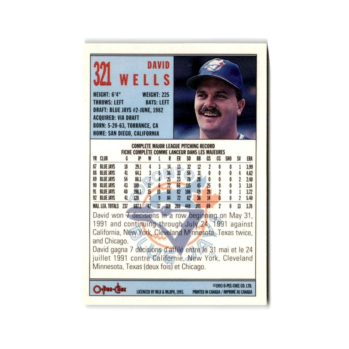David Wells 1993 O-Pee-Chee #321 Toronto Blue Jays Baseball Card NM