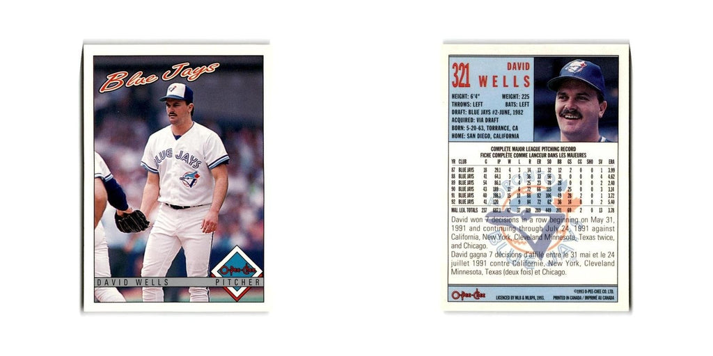 David Wells 1993 O-Pee-Chee #321 Toronto Blue Jays Baseball Card NM