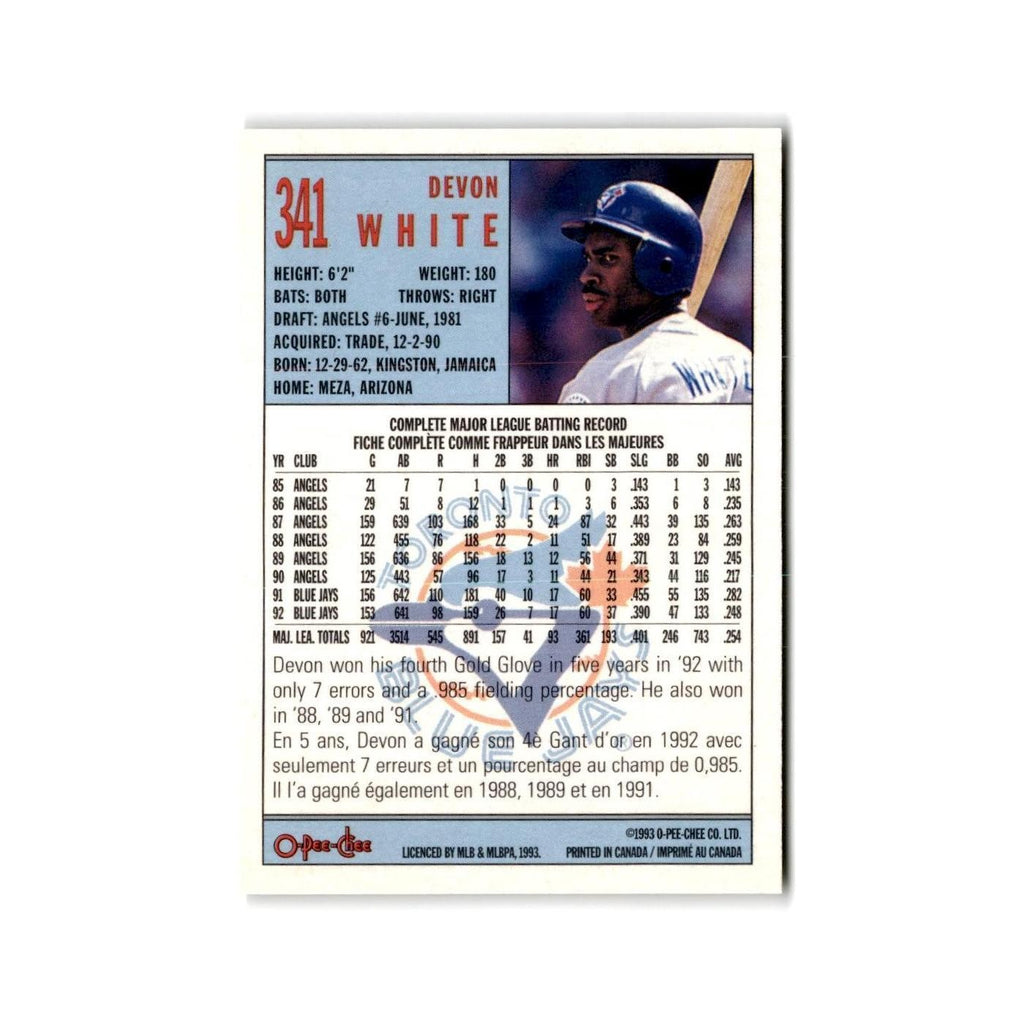 Devon White 1993 O-Pee-Chee #341 Toronto Blue Jays Baseball Card NM