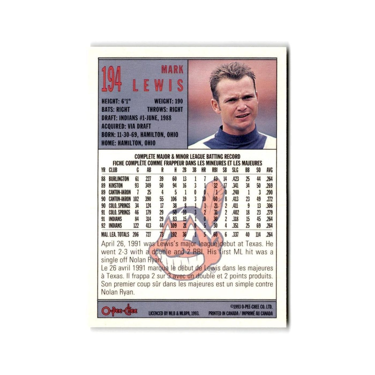 Mark Lewis 1993 O-Pee-Chee #194 Cleveland Indians Baseball Card NM