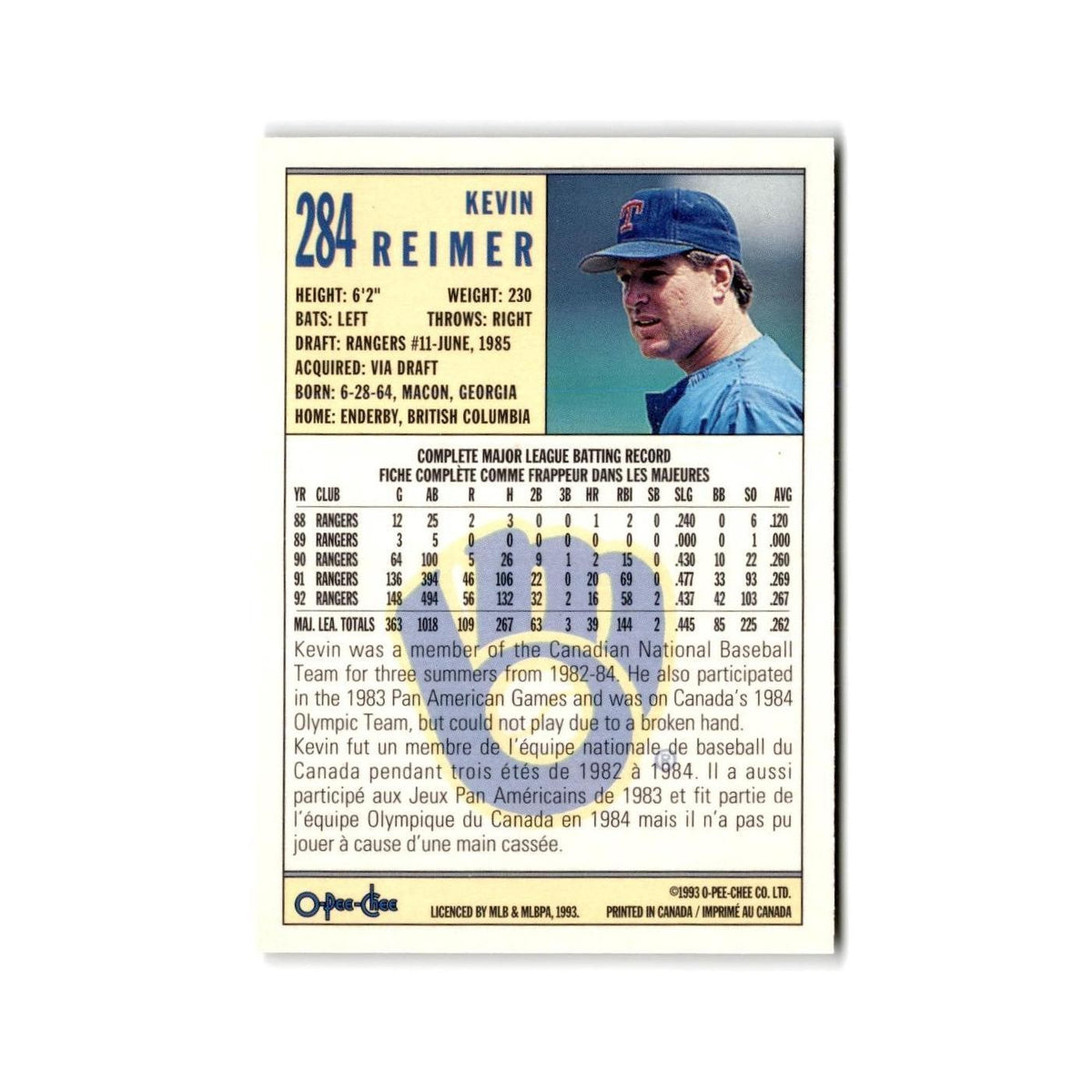 Kevin Reimer 1993 O-Pee-Chee #284 Milwaukee Brewers Baseball Card NM