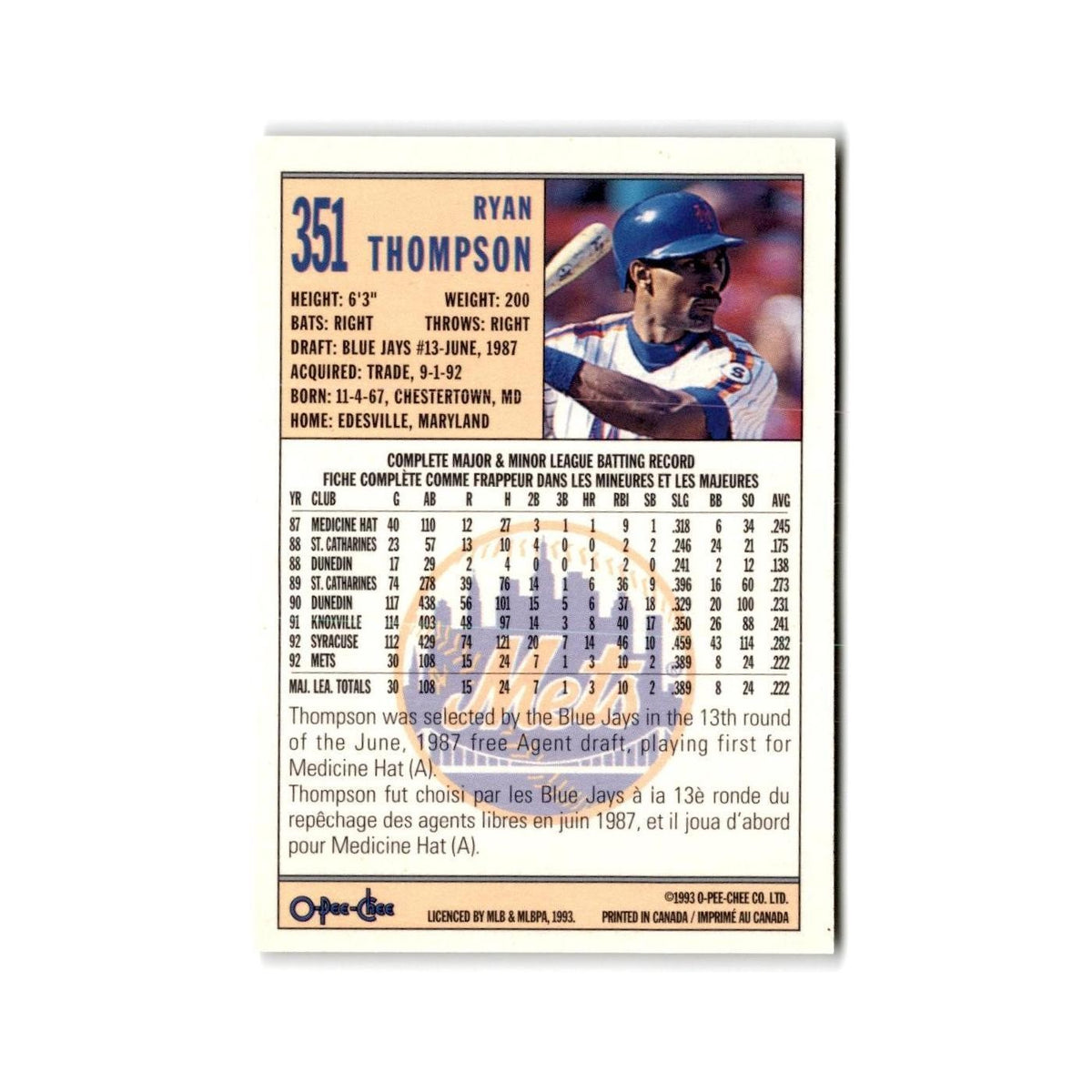 Ryan Thompson 1993 O-Pee-Chee #351 New York Mets Baseball Card NM