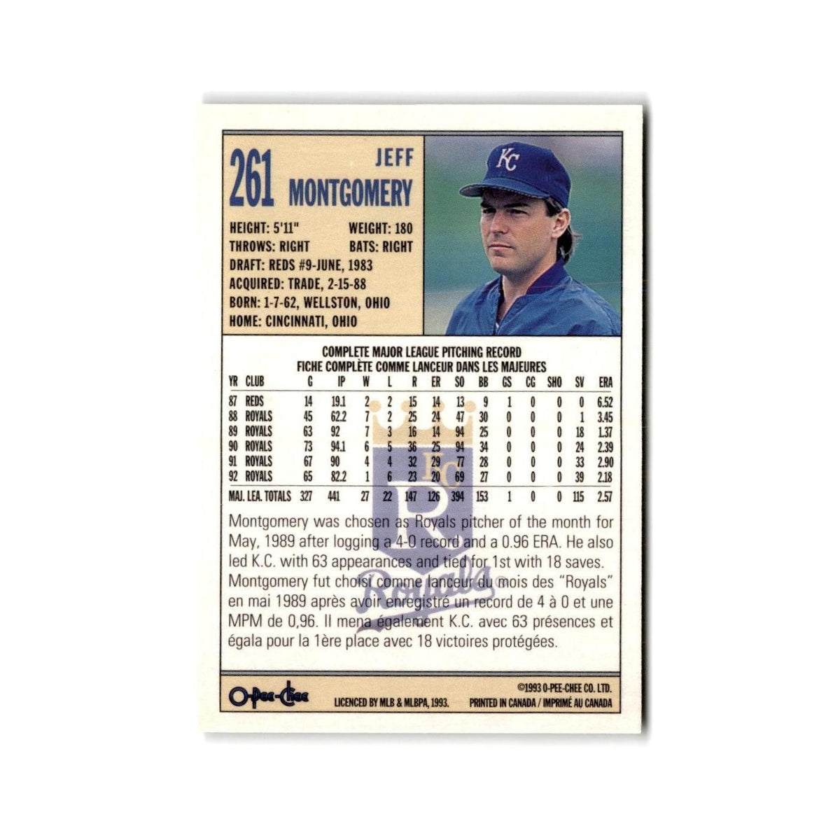 Jeff Montgomery 1993 O-Pee-Chee #261 Kansas City Royals Baseball Card NM