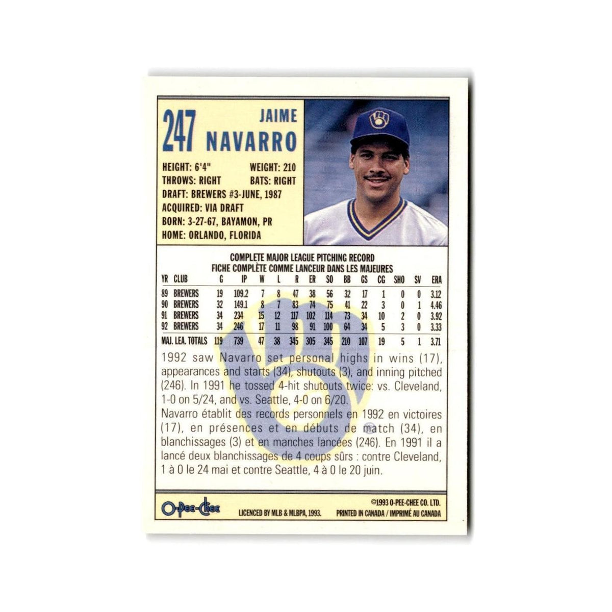 Jaime Navarro 1993 O-Pee-Chee #247 Milwaukee Brewers Baseball Card NM