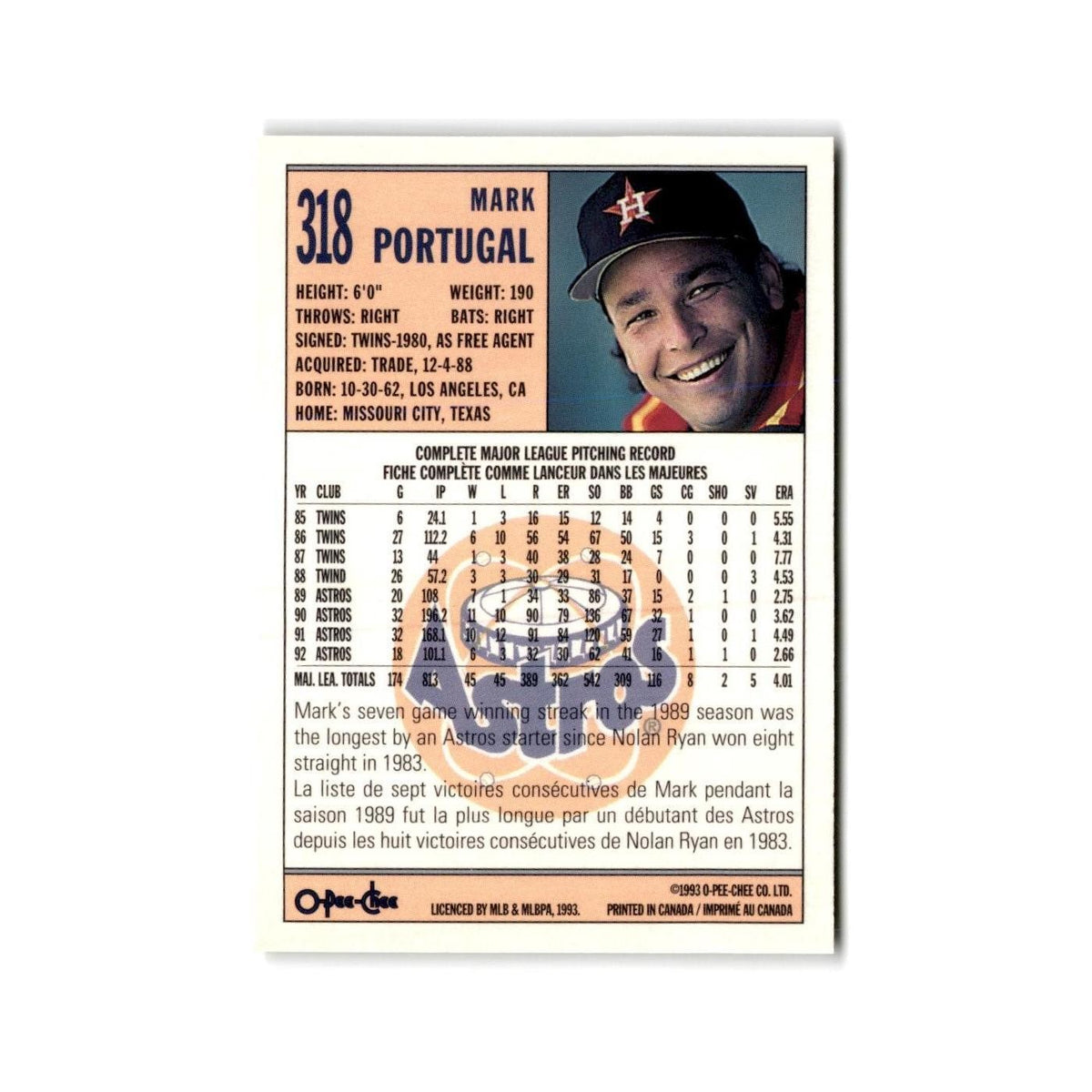 Mark Portugal 1993 O-Pee-Chee #318 Houston Astros Baseball Card NM