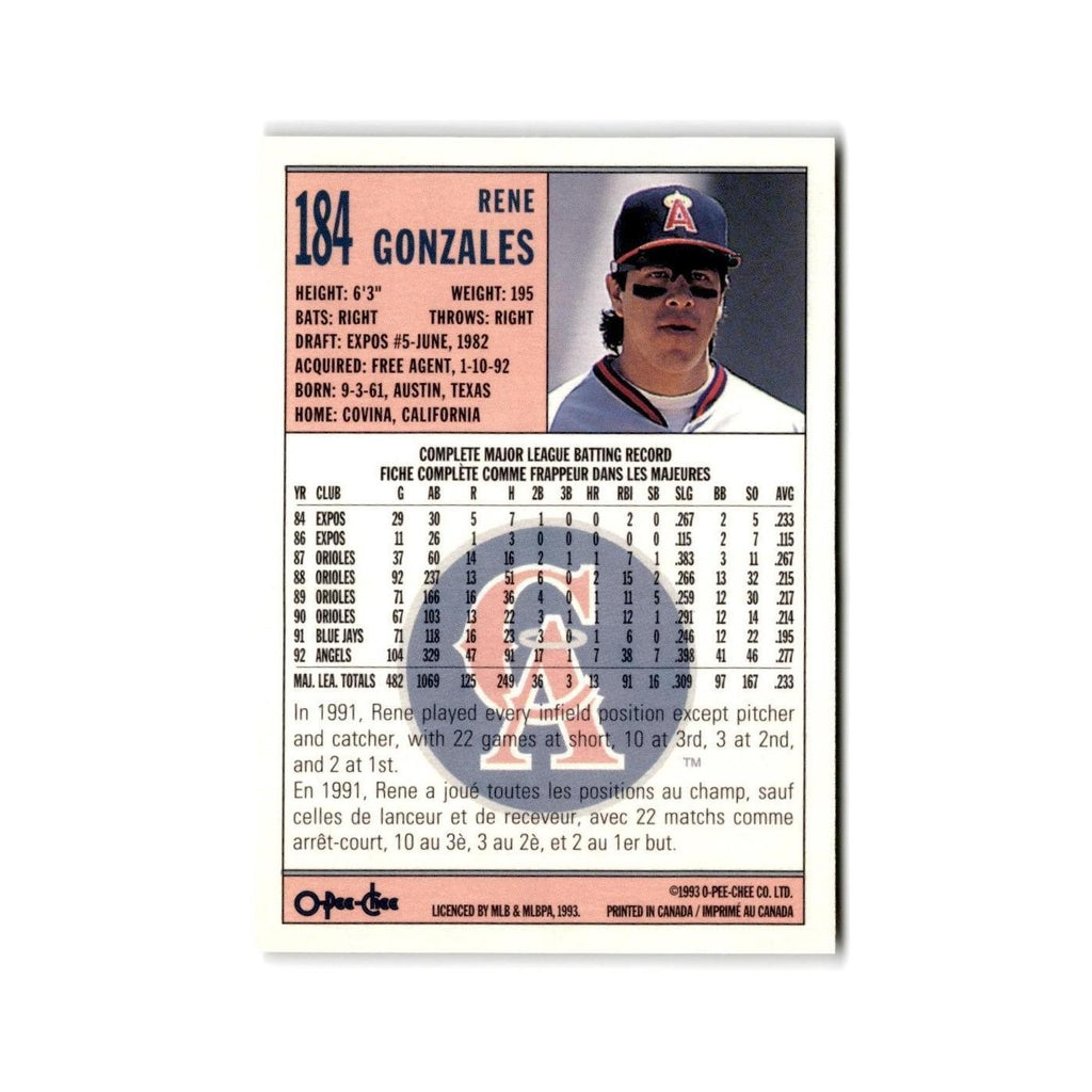 Rene Gonzales 1993 O-Pee-Chee #184 California Angels Baseball Card NM