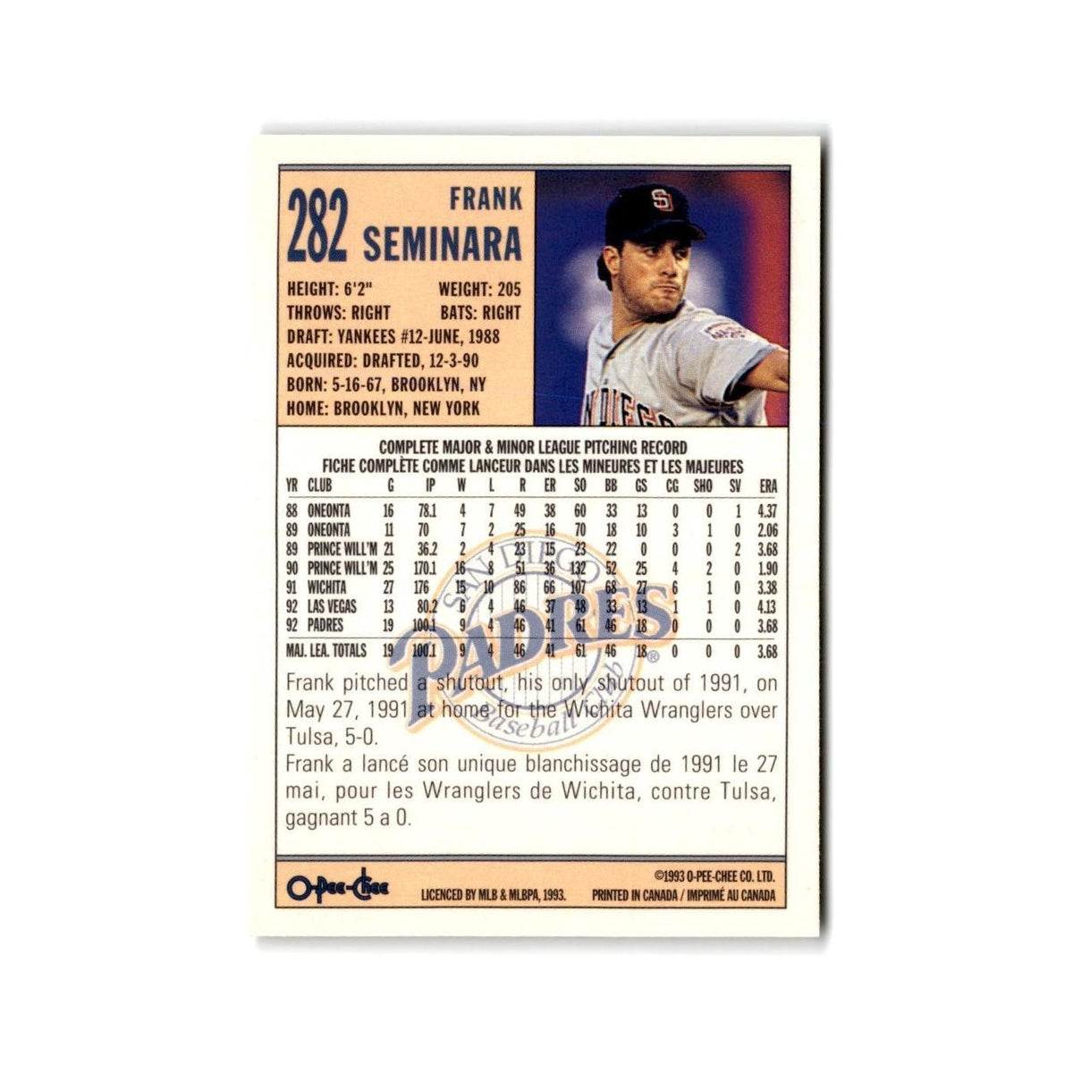 Frank Seminara 1993 O-Pee-Chee #282 San Diego Padres Baseball Card NM