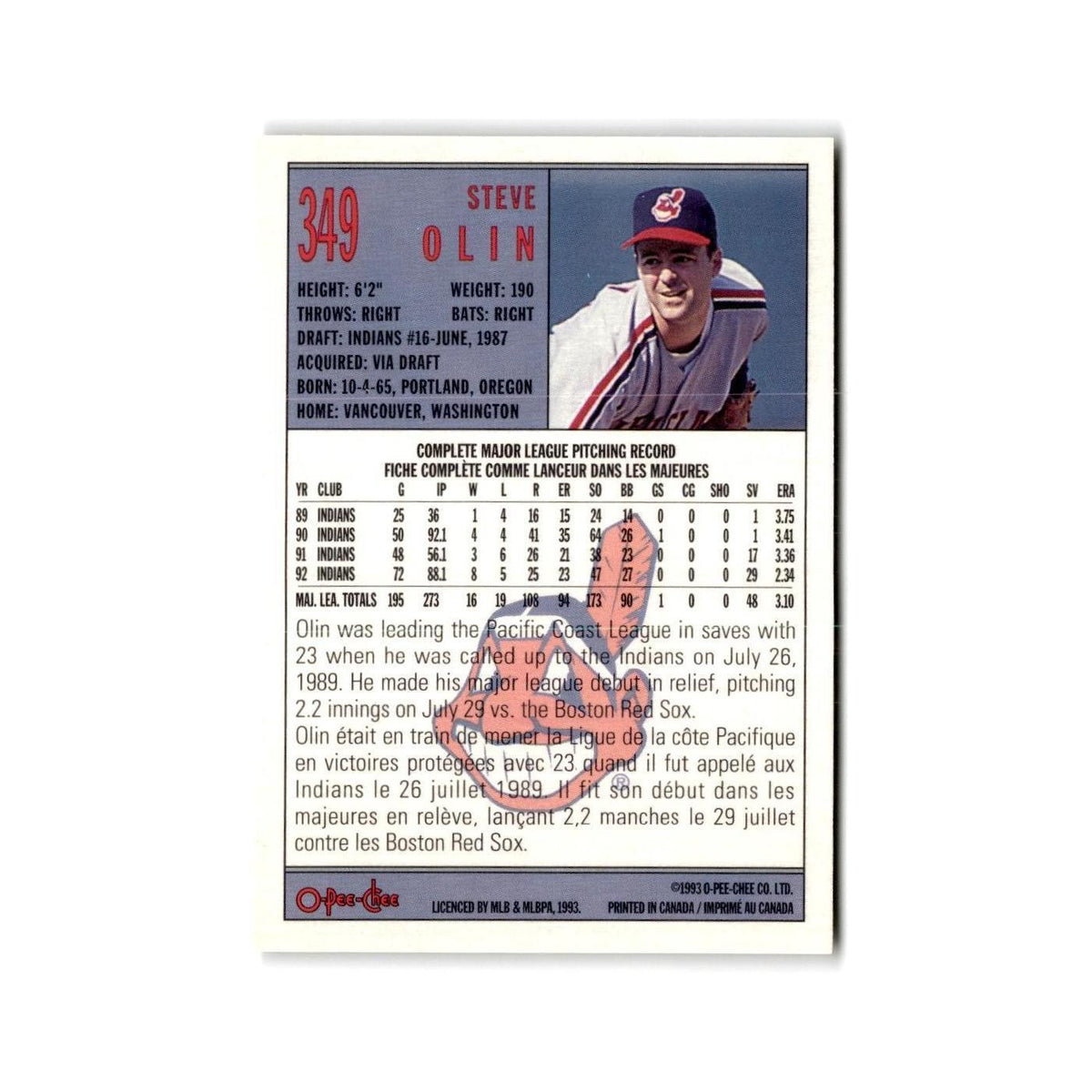 Steve Olin 1993 O-Pee-Chee #349 Cleveland Indians Baseball Card NM